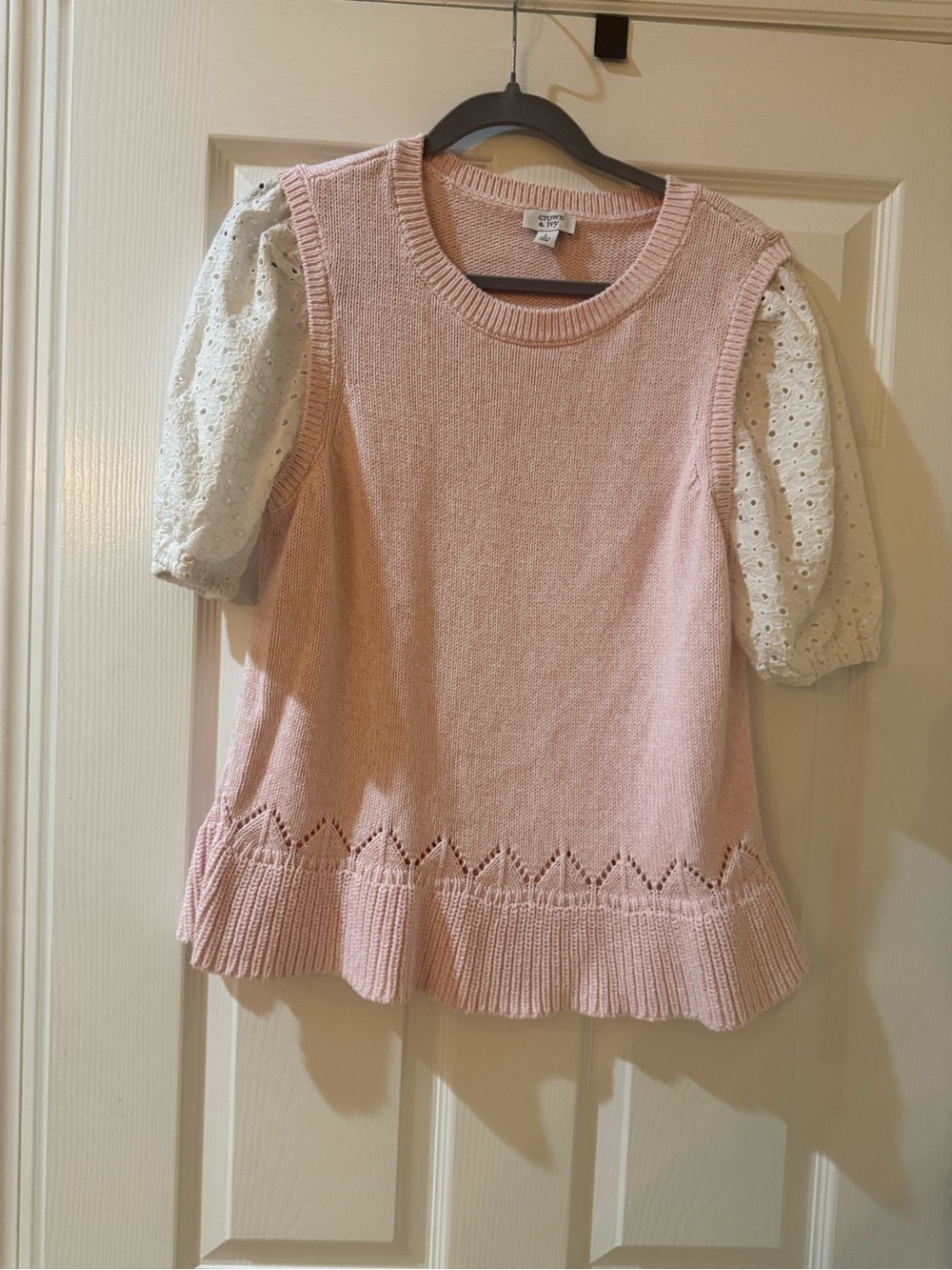 crown & ivy women’s Pink Knit Sweater with Eyelet Puff Sleeves